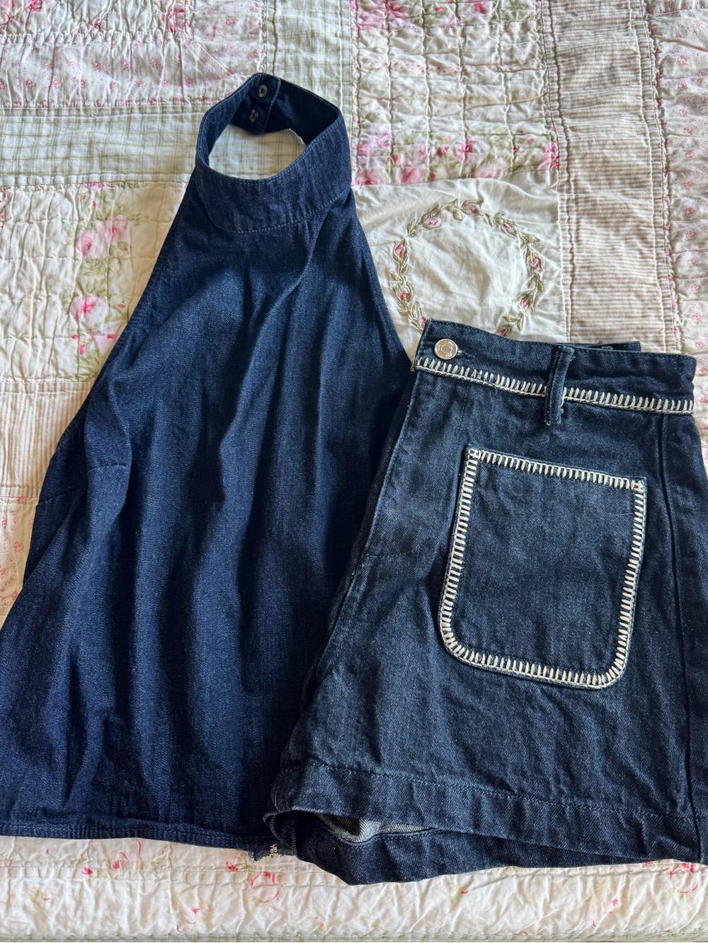 ZARA Dark Blue Denim Set With White Stitching